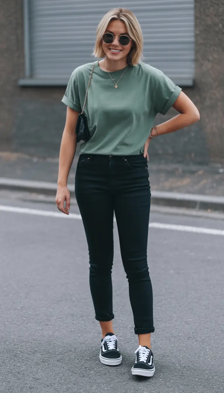 effortless spring looks 2026 Everyday Green Tee With Classic Slim Denim