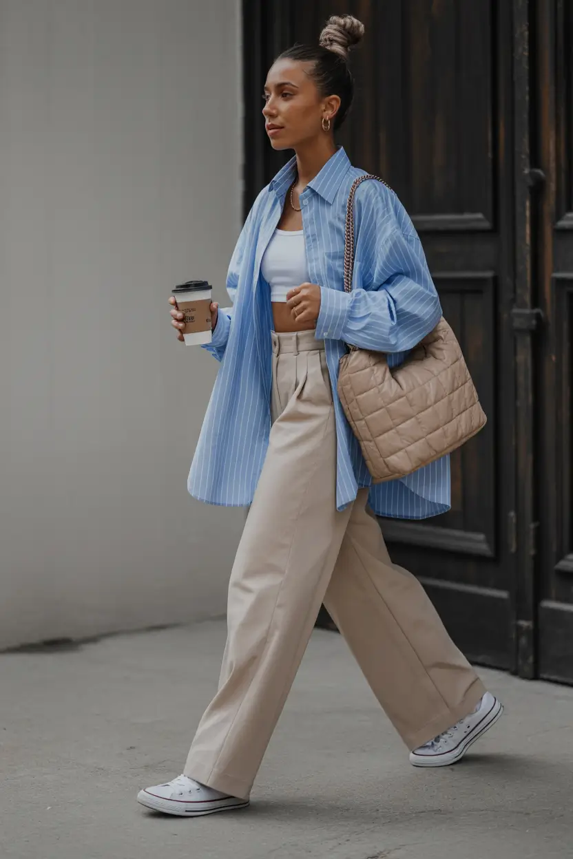 effortless spring looks 2026 Soft Blue Overshirt With Relaxed Chinos
