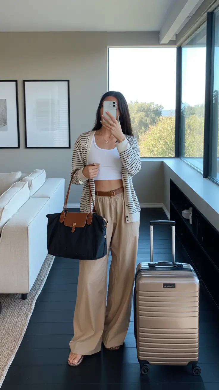 essential airport spring outfits 2026 Striped Layers With Breezy Neutral Trousers