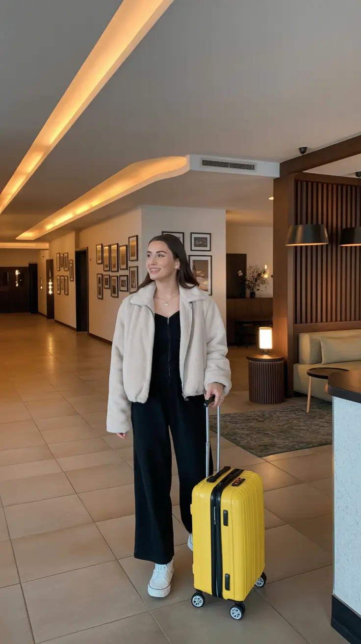 essential airport spring outfits 2026 Cozy Plush Layers With Wide Leg Ease