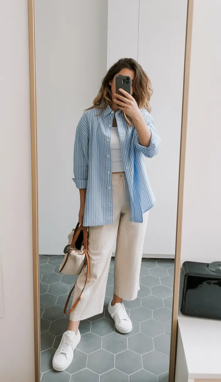 essential airport spring outfits 2026 Fresh Blue Stripes With Clean Neutral Lines