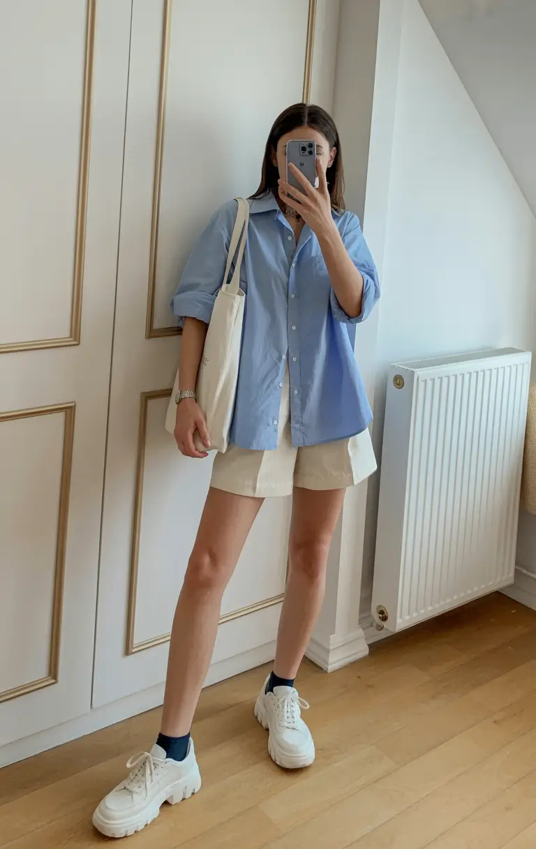 essential airport spring outfits 2026 Breezy Button Down With Light Spring Shorts