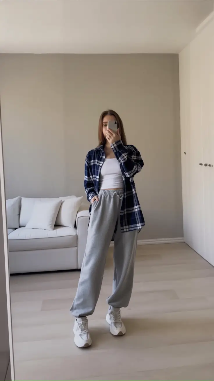 essential airport spring outfits 2026 Soft Plaid Layers With Lounge Inspired Ease