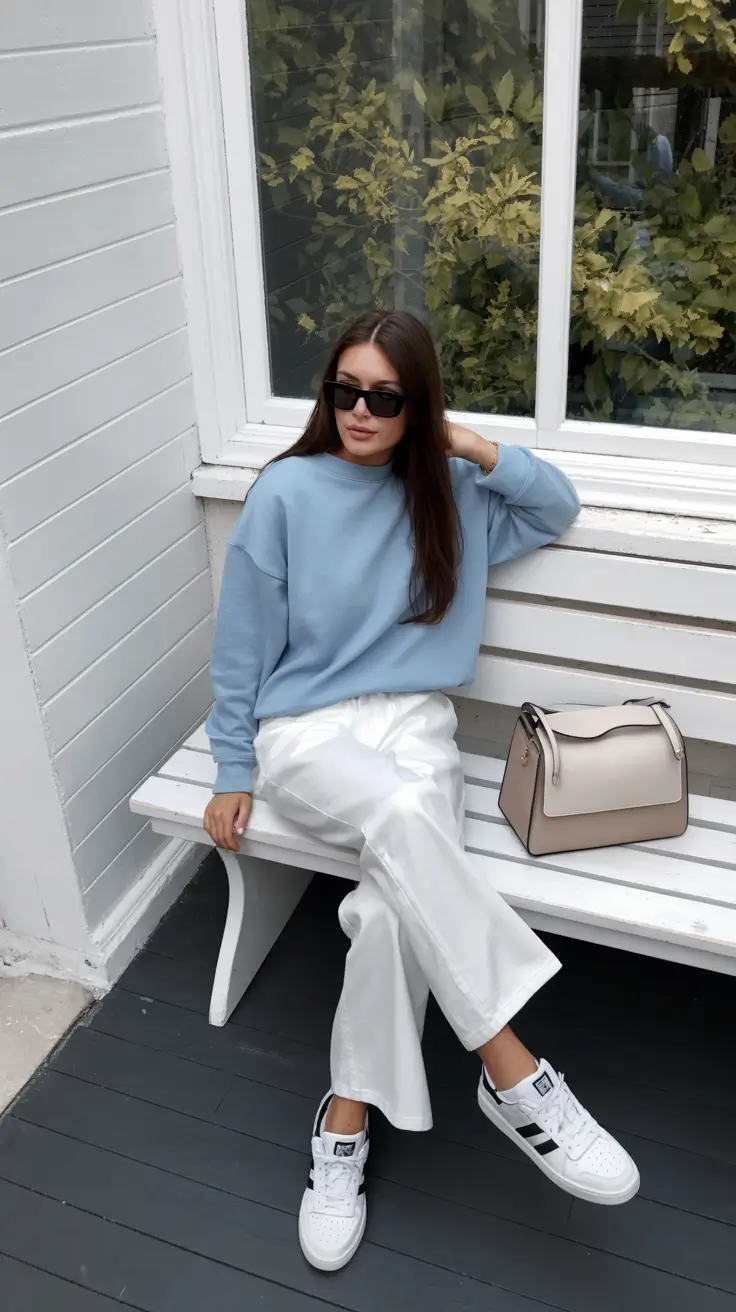 essential airport spring outfits 2026 Soft Blue Tones With Clean White Silhouettes