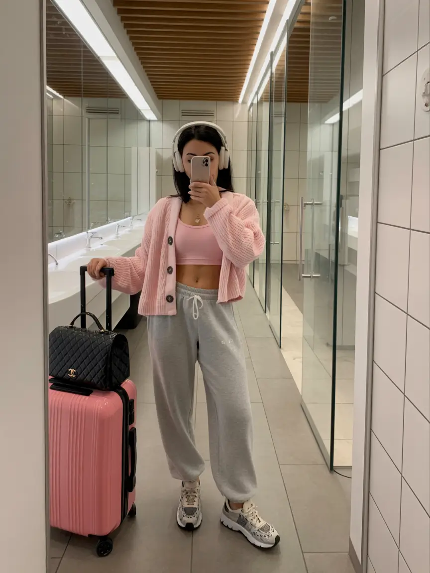 essential airport spring outfits 2026 Soft Pink Layers With Relaxed Lounge Comfort