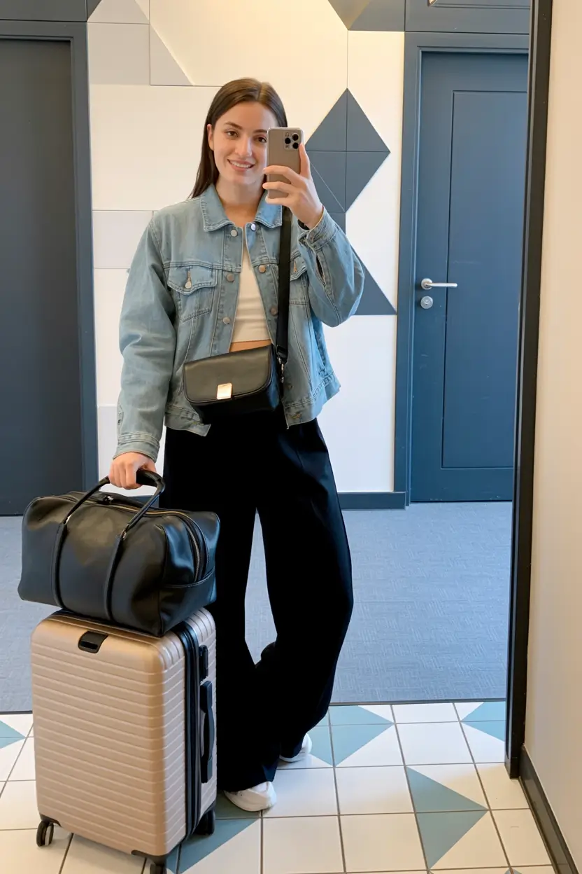 essential airport spring outfits 2026 Denim Jacket Classic With All Black Effortless Ease