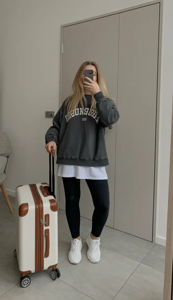 essential airport spring outfits 2026 Oversized Sweatshirt With Sleek Legging Simplicity
