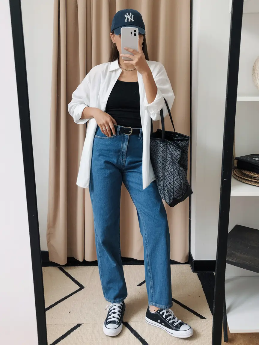 essential airport spring outfits 2026 Sporty Shirt Layers With Relaxed Denim