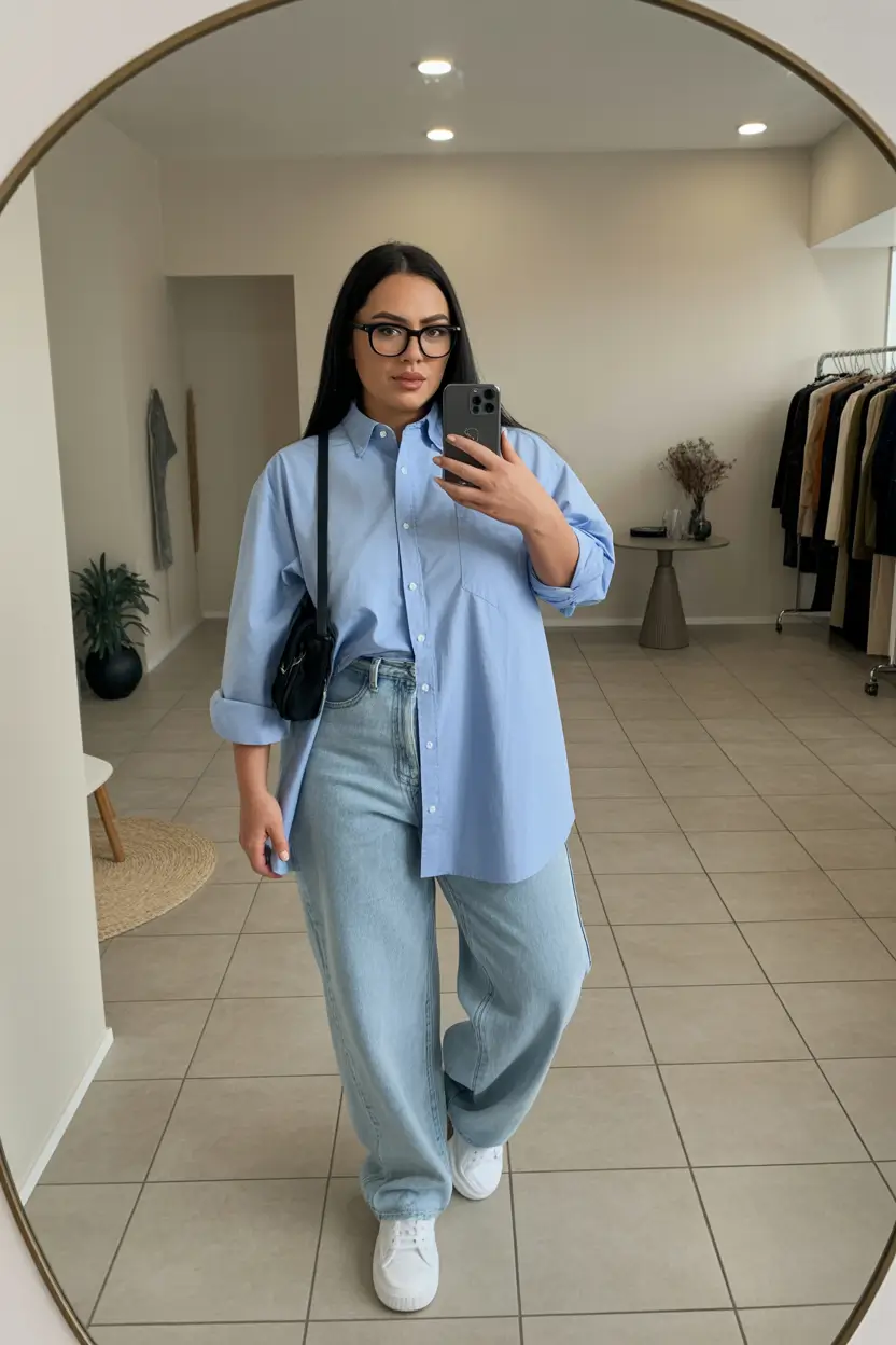 essential midsize spring outfits 2026 Soft Blue Shirt Energy for Everyday Ease