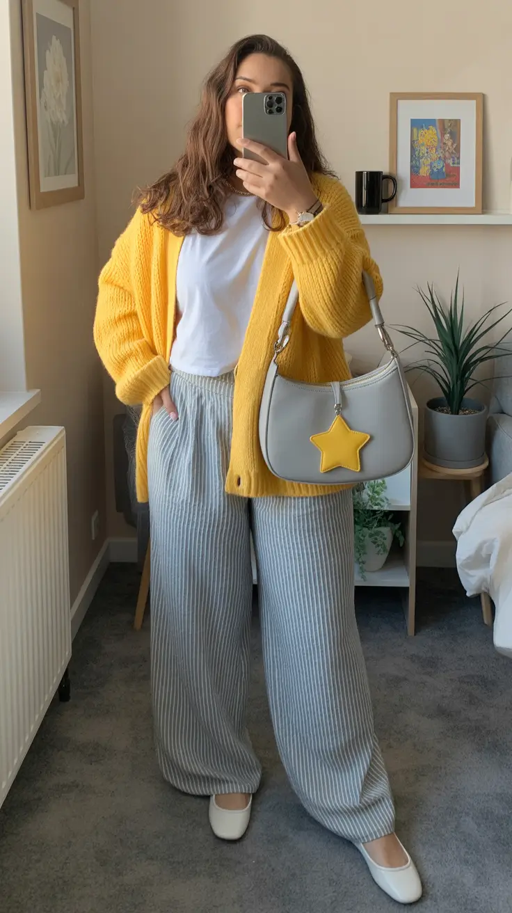 essential midsize spring outfits 2026 Yellow Knit and Striped Trousers for a Touch of Spring Light