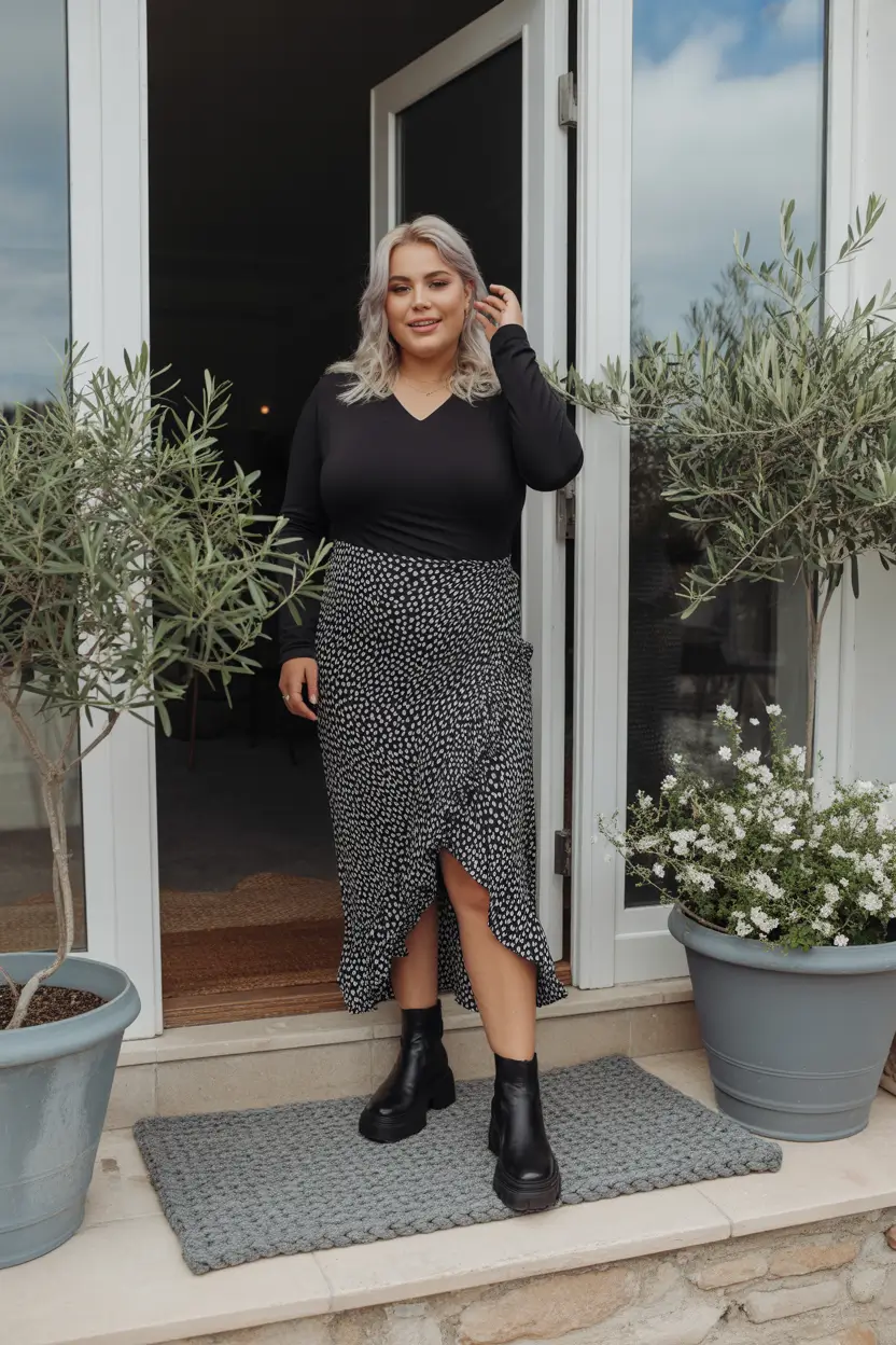 essential midsize spring outfits 2026 Playful Print Skirt with Easy Black Layers