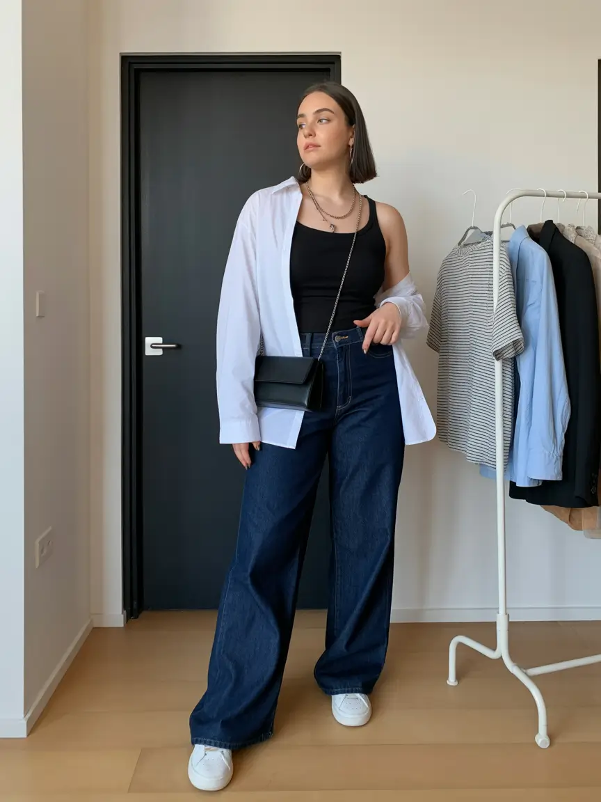 essential midsize spring outfits 2026 White Shirt and Dark Denim with Clean Minimal Energy