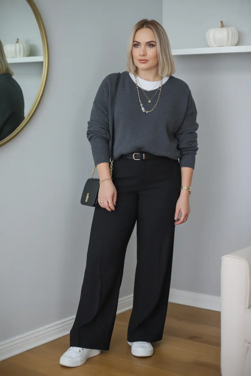 essential midsize spring outfits 2026 Charcoal Layers for a Soft Polished Spring Look