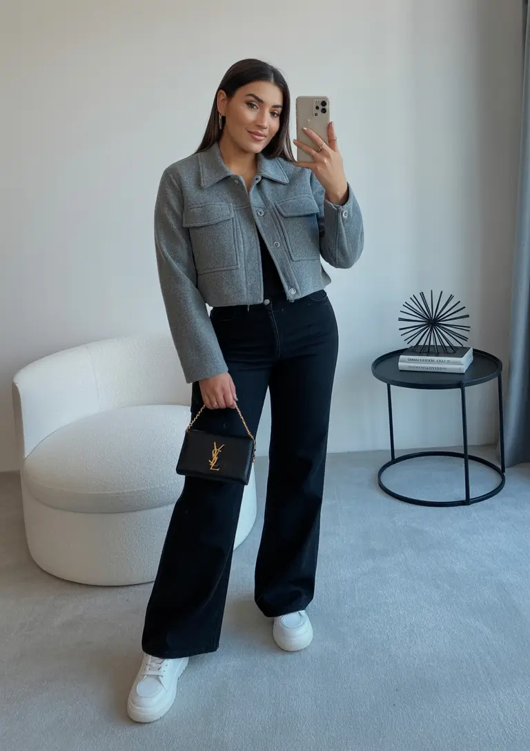 essential midsize spring outfits 2026 Cropped Jacket and Black Denim with Modern Structure