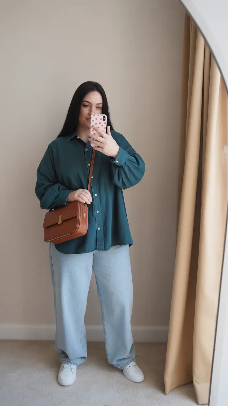 essential midsize spring outfits 2026 Deep Teal Shirt with Light Denim for Relaxed Spring Harmony