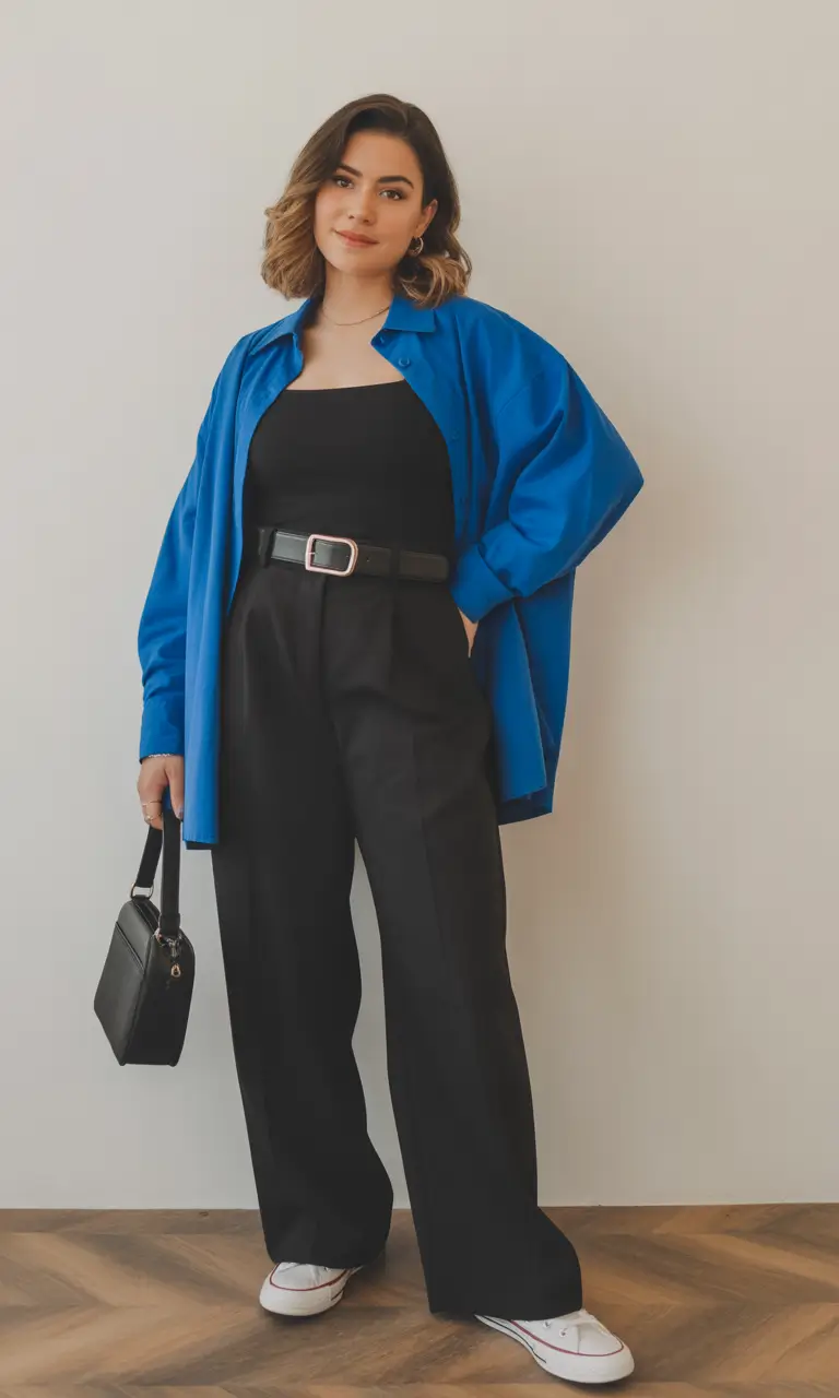 essential midsize spring outfits 2026 Blue Statement Shirt with Black Tailoring for Modern Spring Ease