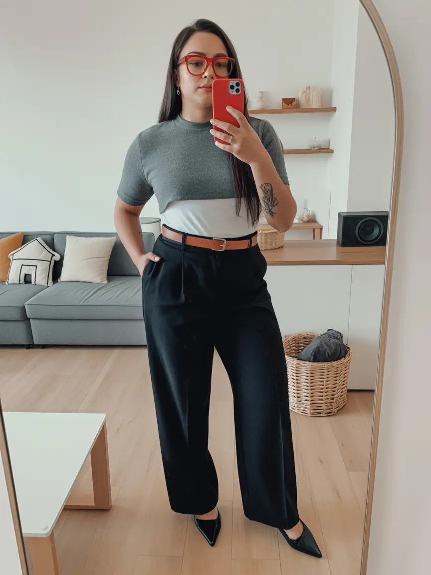 essential midsize spring outfits 2026 Cropped Knit Layering with Tailored Black Trousers