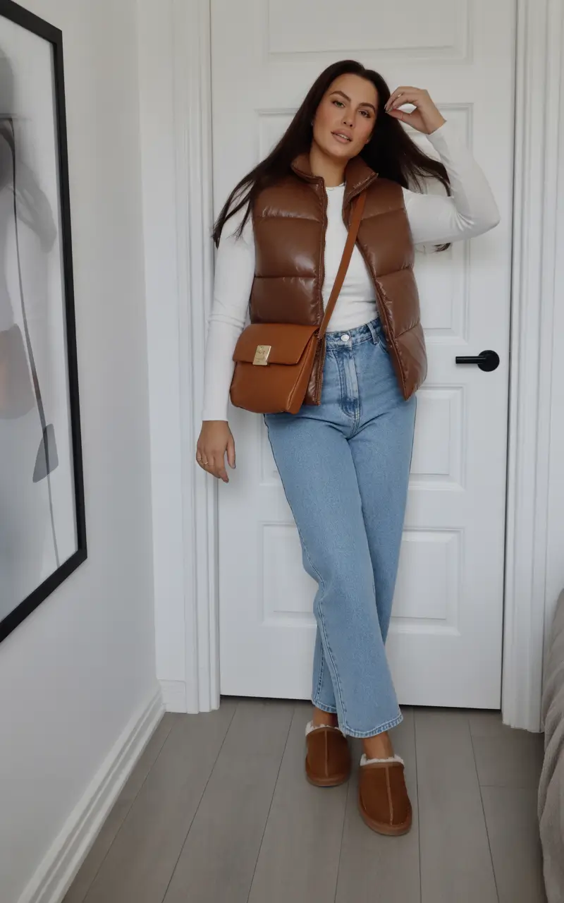 essential midsize spring outfits 2026 Puffer Vest and Denim for Cozy Early Spring Days