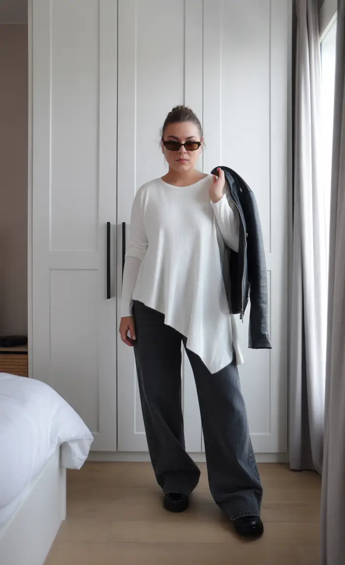 essential midsize spring outfits 2026 Asymmetrical White Knit with Charcoal Denim for Sculpted Spring Ease