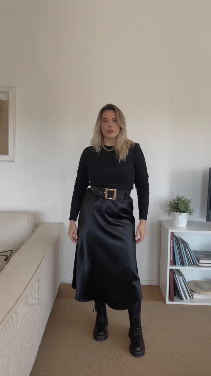 essential midsize spring outfits 2026 Black Satin Skirt and Knit Layers with Elevated Attitude