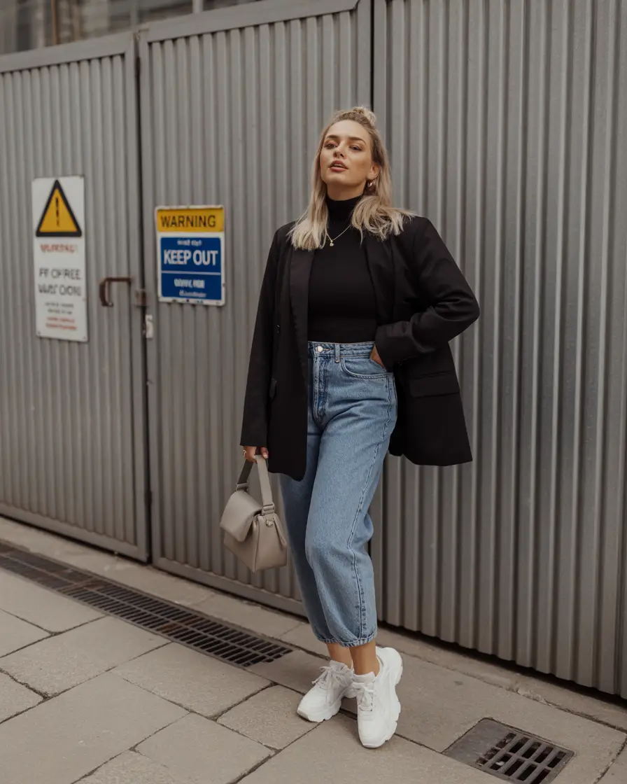 essential midsize spring outfits 2026 Blazer and Denim for a Modern Street Spring Look