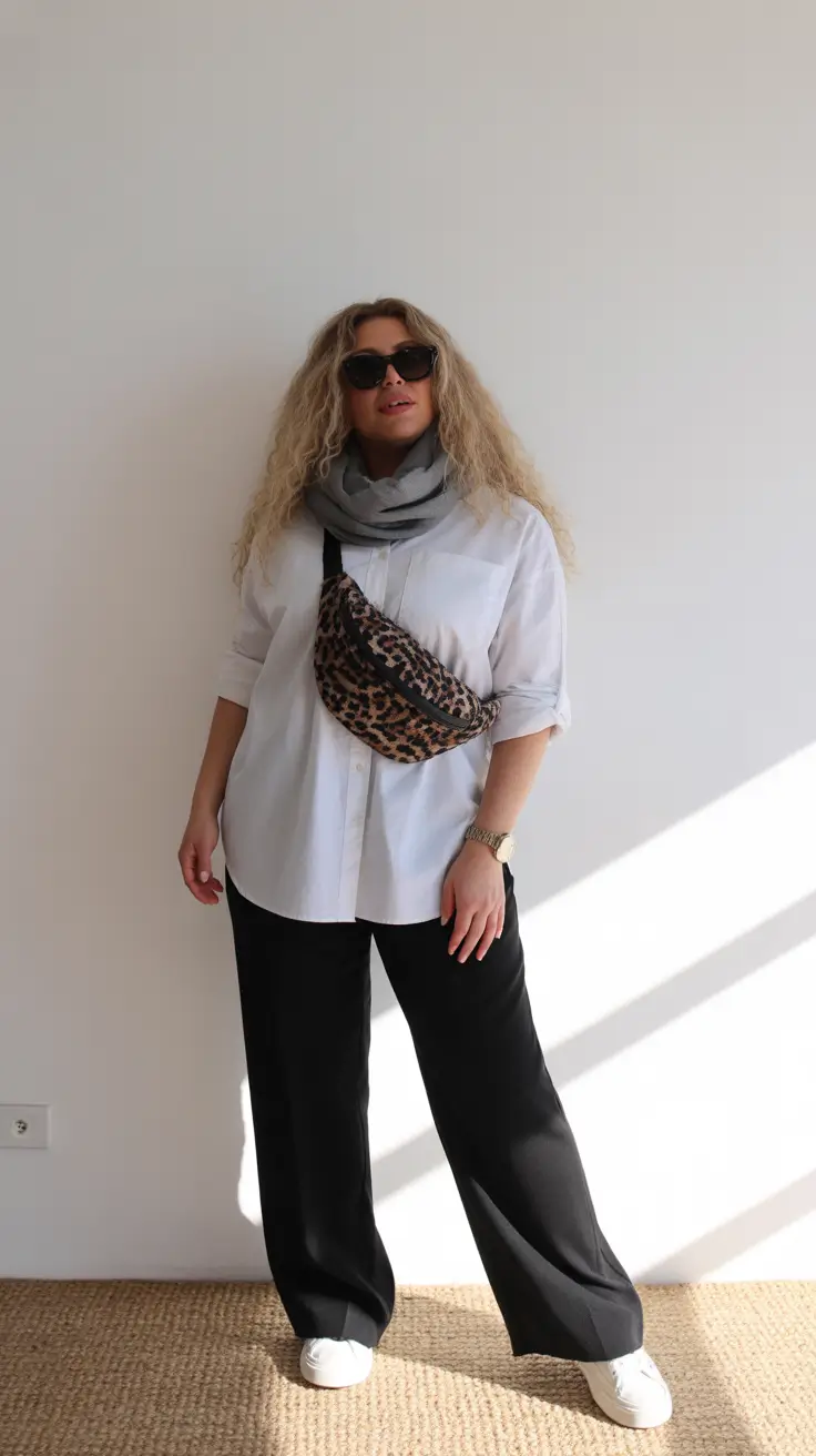 essential midsize spring outfits 2026 Relaxed White Shirt with Animal Print for Casual Spring Confidence