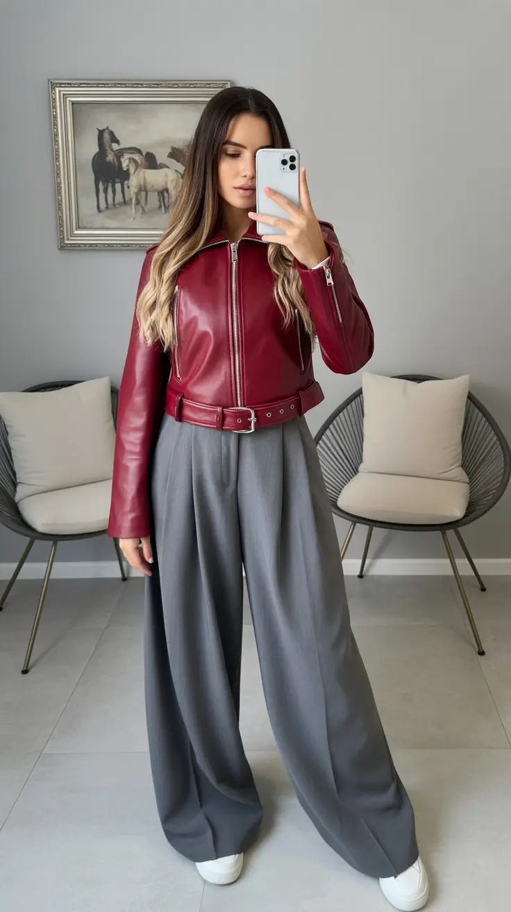 essential midsize spring outfits 2026 Structured Leather and Flowing Trousers for Spring Edge