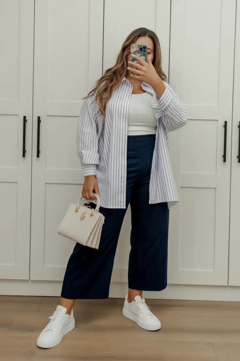 essential midsize spring outfits 2026 Striped Layers with Navy Cropped Trousers
