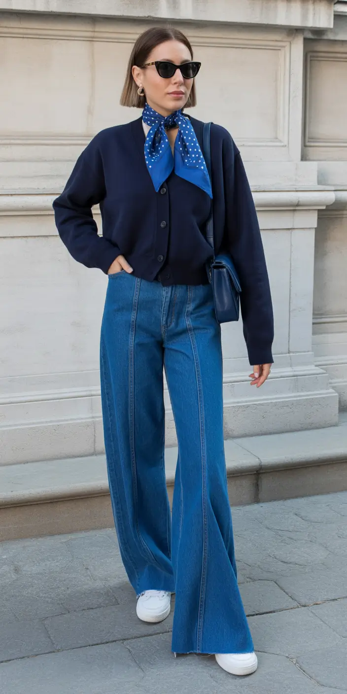 essential old money spring outfits 2026 Navy Layers with Vibrant Scarf Detailing