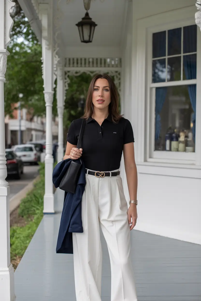 essential old money spring outfits 2026 Tailored White Trousers with Polished Black Accents