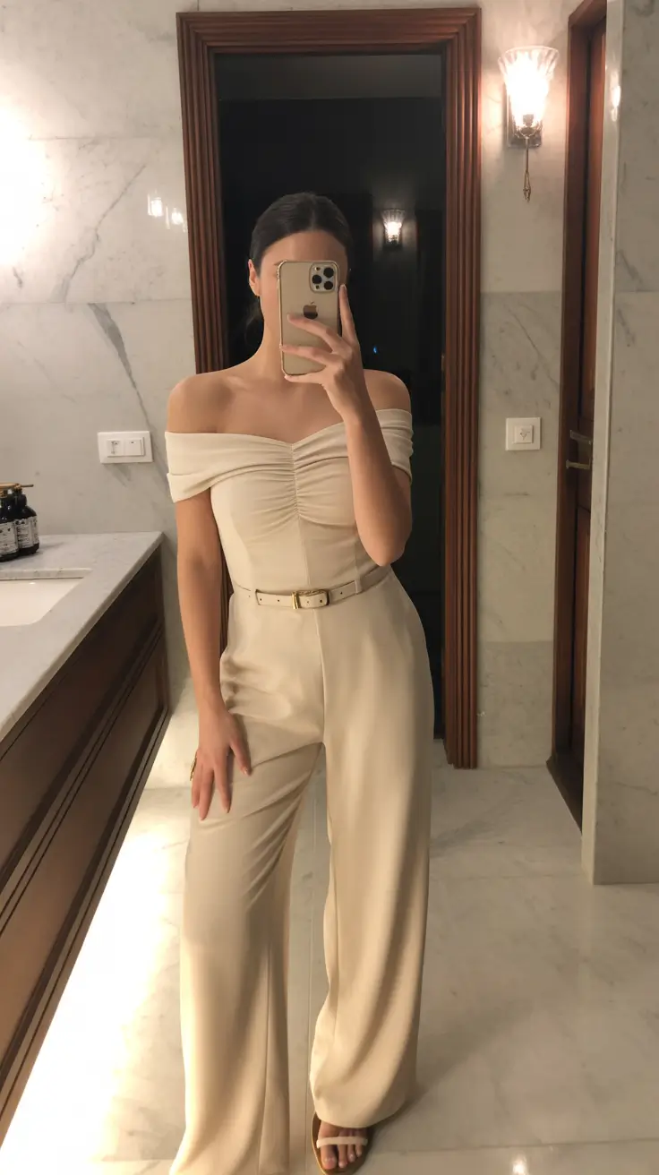 essential old money spring outfits 2026 Evening Cream Elegance with Sculpted Off Shoulder Lines