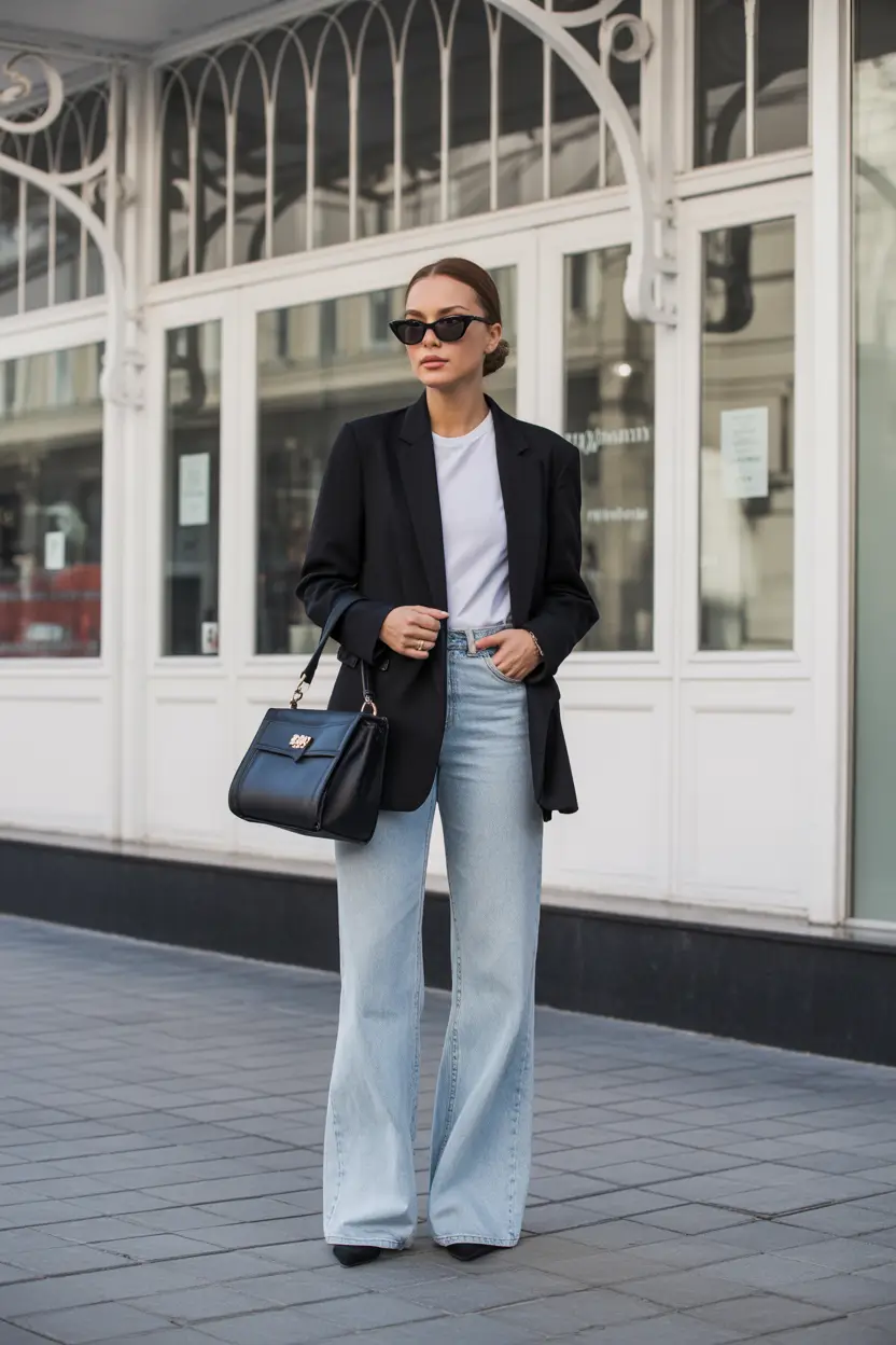 essential old money spring outfits 2026 Tailored Black Blazer with Light Denim Simplicity