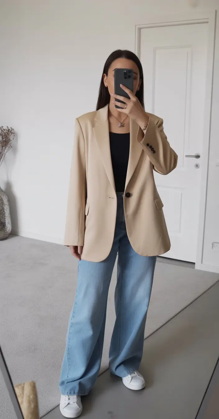 essential old money spring outfits 2026 Relaxed Beige Blazer with Wide Leg Denim Ease