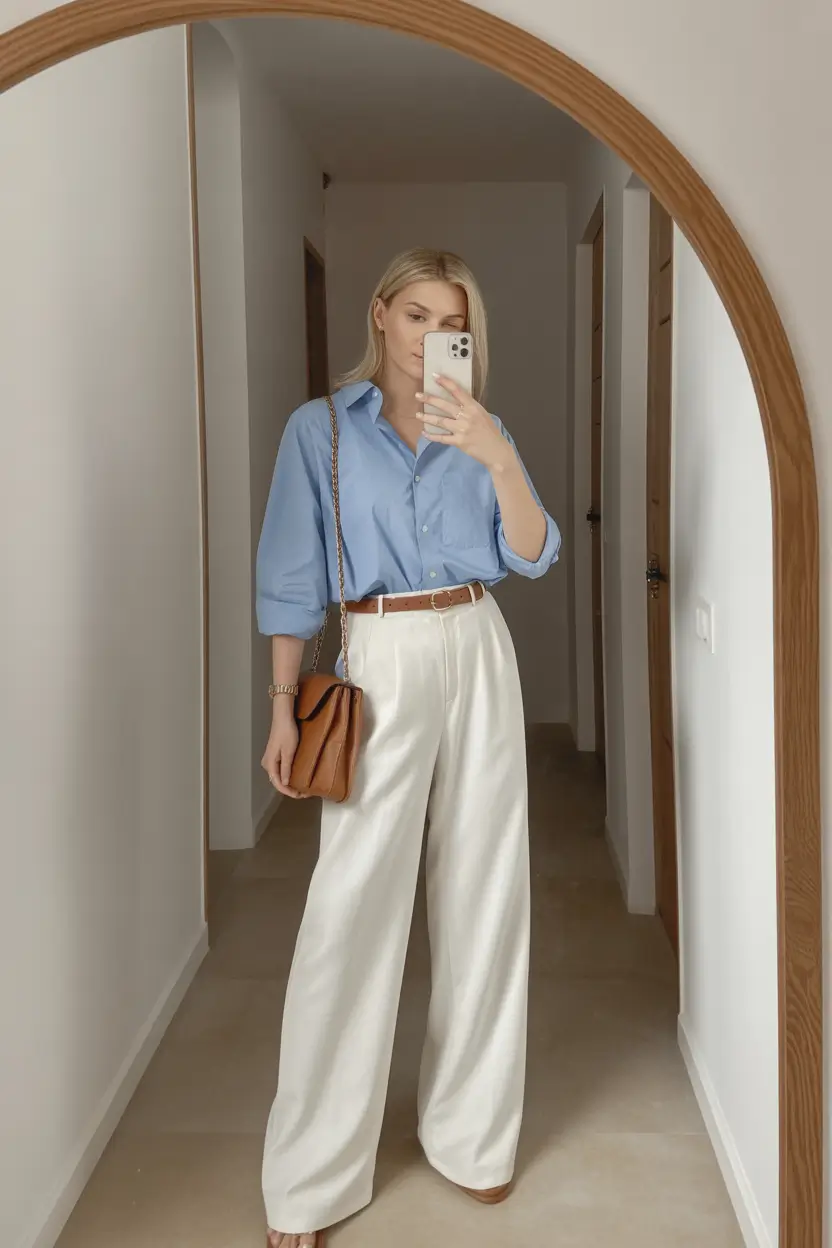 essential old money spring outfits 2026 Powder Blue Classics with Wide Leg Cream Tailoring