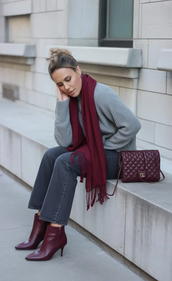 essential old money spring outfits 2026 Soft Gray Layers with Burgundy Accents and Quiet Warmth