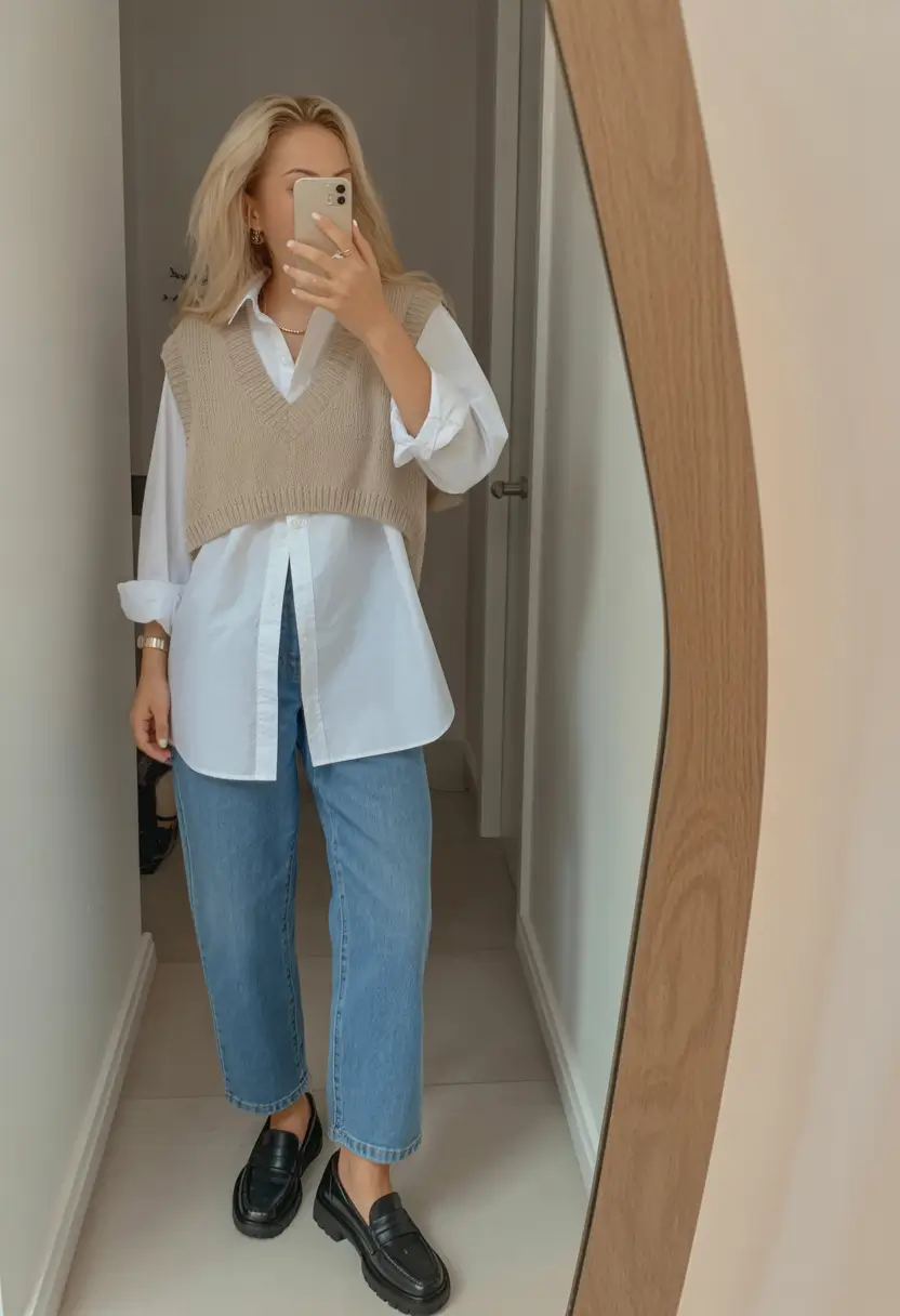 essential old money spring outfits 2026 Layered Preppy Knitwear with Relaxed Denim Confidence