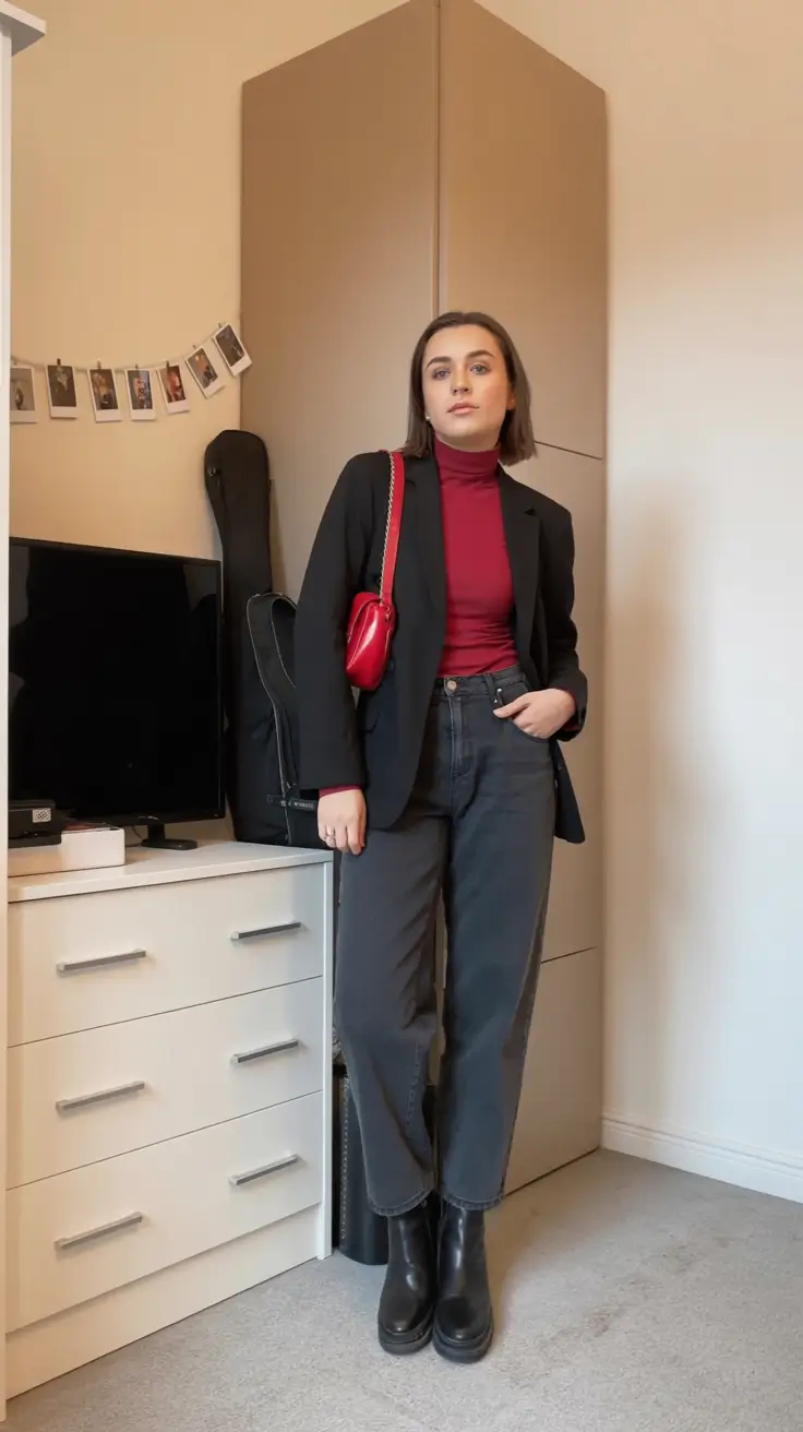 essential spring blazer outfits 2026 Black blazer with red accents for smart spring confidence
