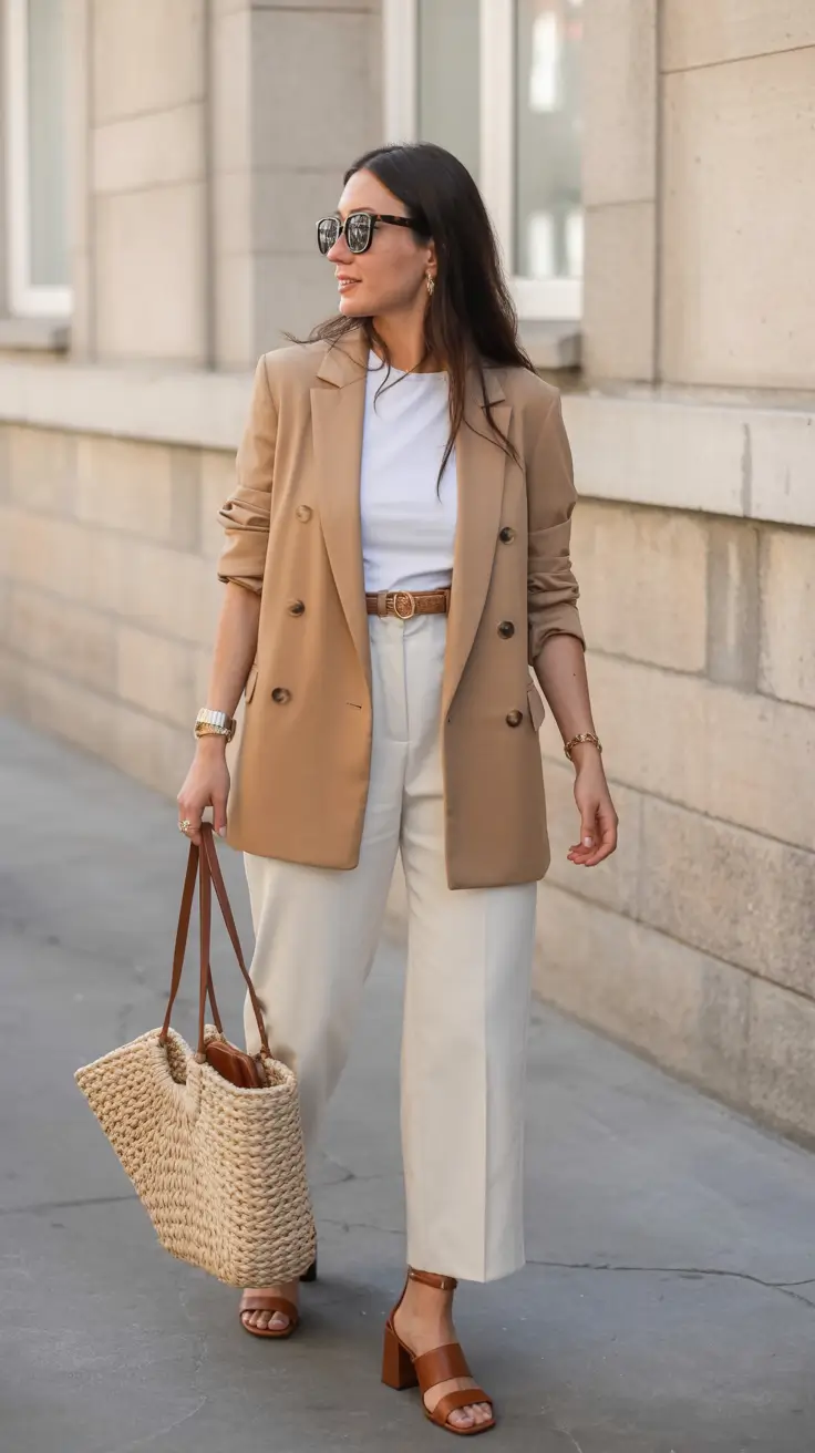 essential spring blazer outfits 2026 Warm camel tailoring with spring brightness