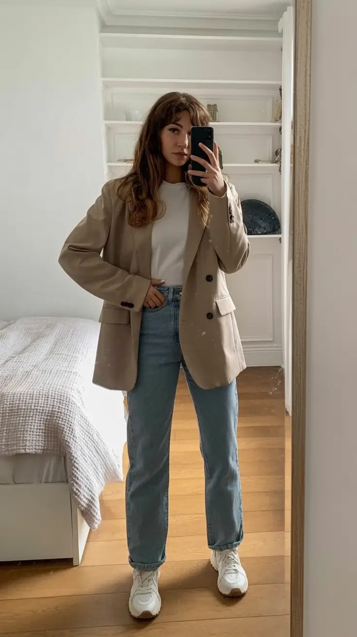 essential spring blazer outfits 2026 Beige blazer with softly structured denim simplicity
