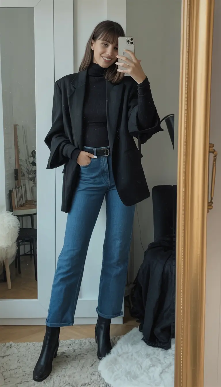 essential spring blazer outfits 2026 Black monochrome elegance with classic denim balance