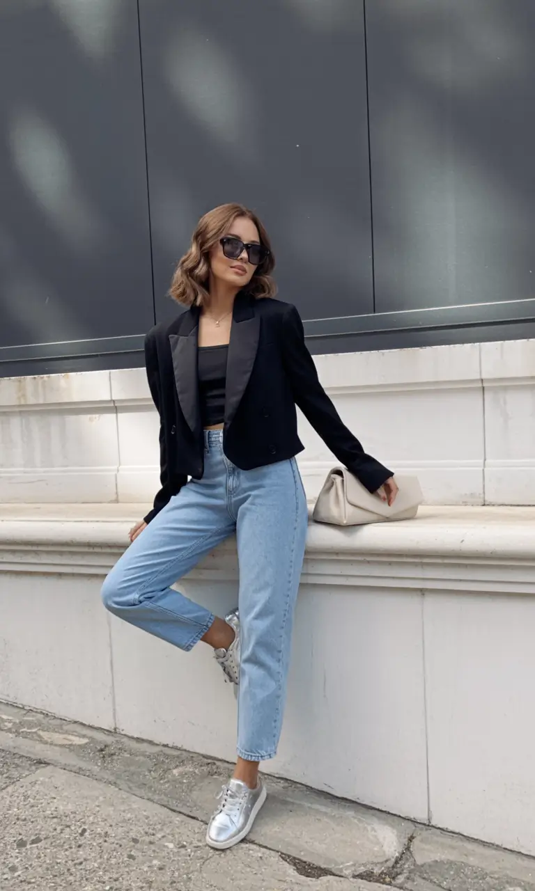 essential spring blazer outfits 2026 Cropped black blazer with relaxed denim polish