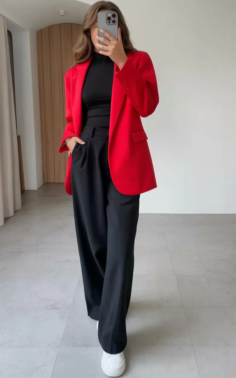 essential spring blazer outfits 2026 Red blazer statement with sleek black layers