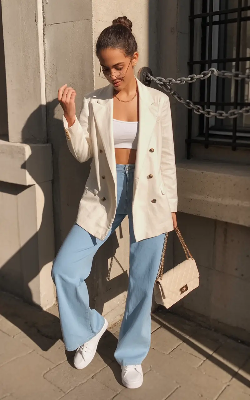 essential spring blazer outfits 2026 White blazer brightness with soft spring denim