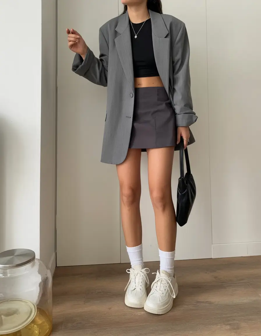 essential spring blazer outfits 2026 Grey blazer with a sleek mini for playful structure