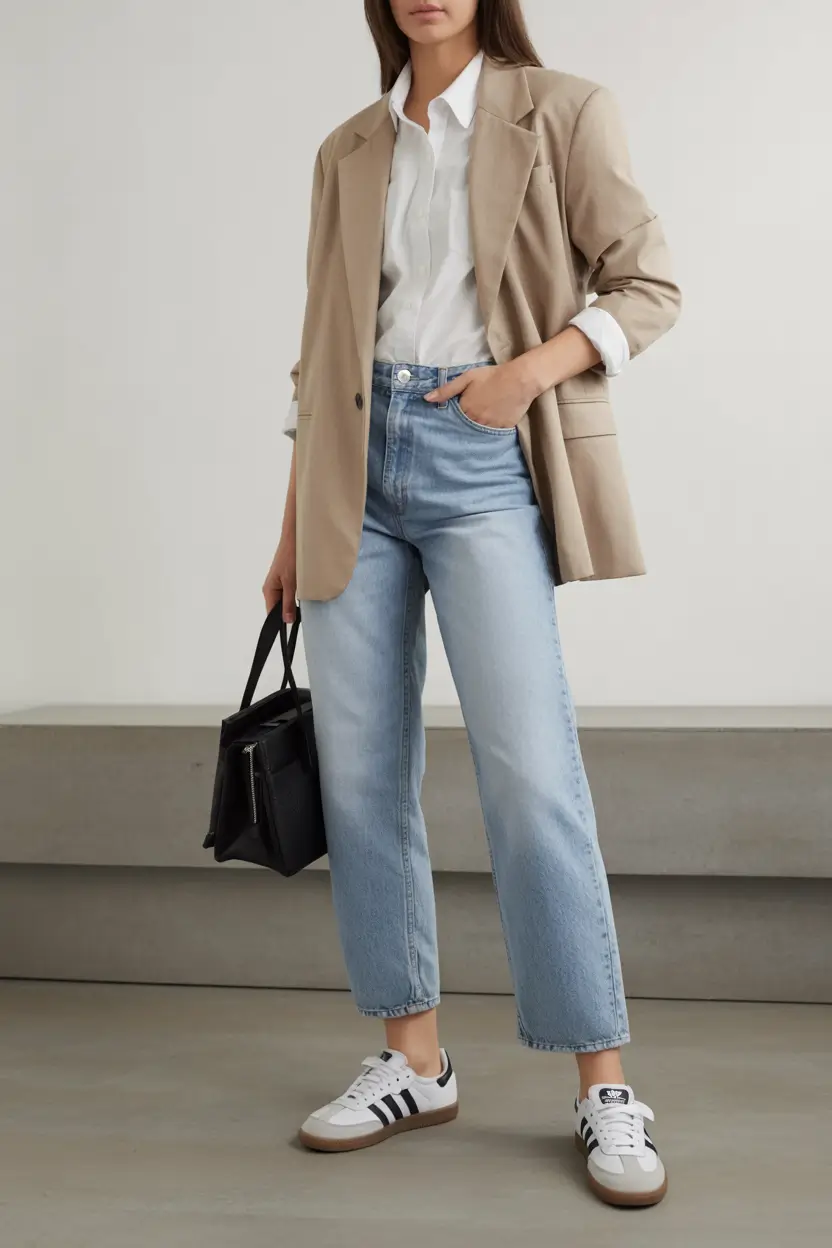 essential spring blazer outfits 2026 Light beige blazer with soft denim ease