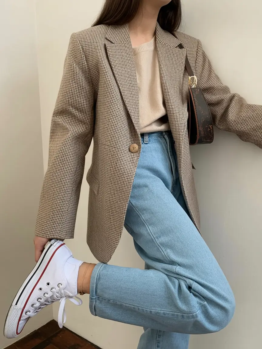 essential spring blazer outfits 2026 Soft houndstooth tailoring with casual charm