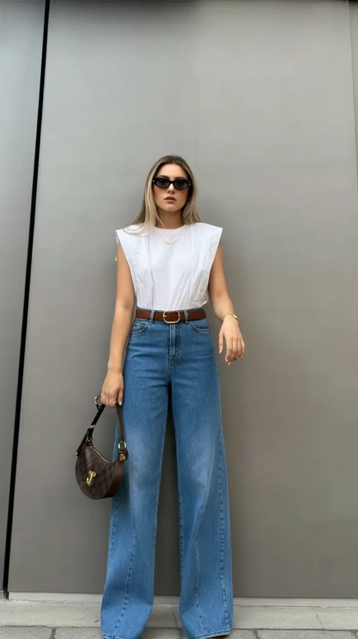 essential spring business casual outfits 2026 Strong Shoulders with Relaxed Denim Confidence