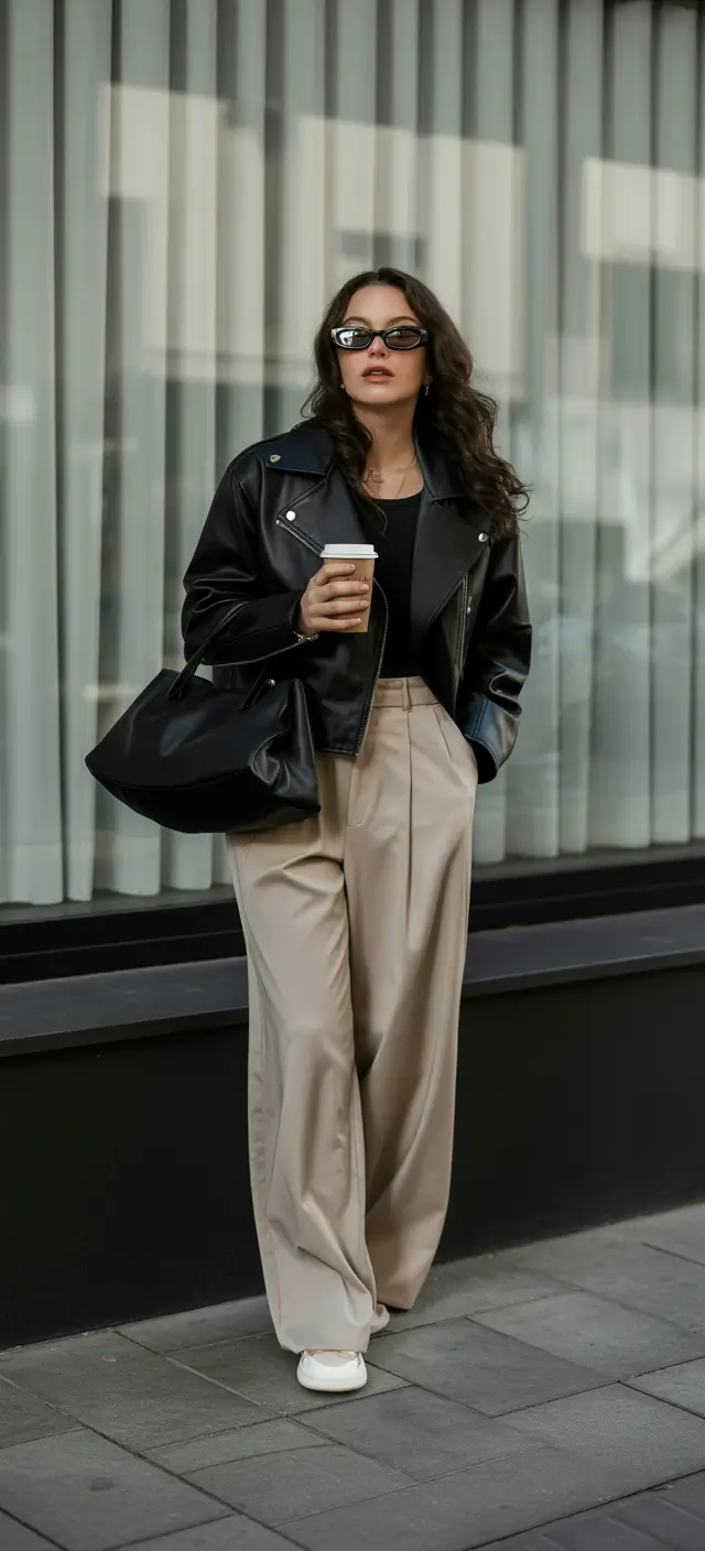 essential spring business casual outfits 2026 Urban Leather Confidence with Soft Spring Movement