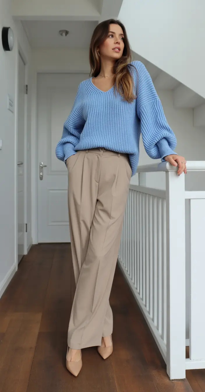 essential spring business casual outfits 2026 Soft Blue Knit with Relaxed Tailoring for Gentle Spring Days