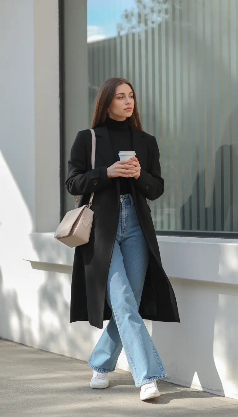 essential spring business casual outfits 2026 Long Black Coat with Bright Denim for Clean Spring Minimalism